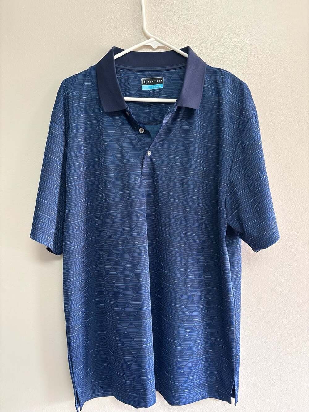 PGA Tour Men's Blue Geometric Diamond Print Short Sleeve Golf Polo Shirt Size XL